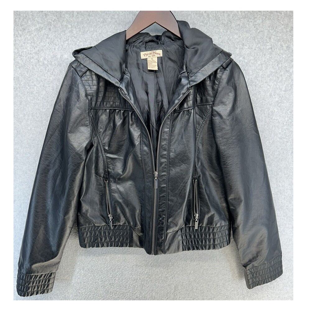 Paris Blues Womens Leather Jacket Hoodie Cropped Faux Leather Full Zip Size XL